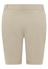 Beige Shorts aus leichtem Stoff, mit geradem Schnitt, zwei Seitentaschen und einem glatten, sauberen Design.