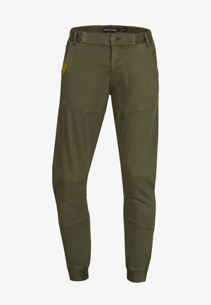 Pantalons vert olive en mélange de coton, avec une coupe ajustée, des poches latérales et des détails de couture distinctifs le long des genoux.
