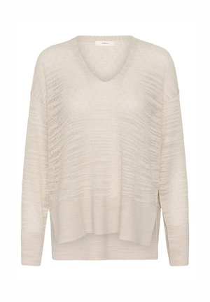 Svijetlo bež pletena majica s V-izrezom, dugim rukavima, suptilnim horizontalnim teksturiranim uzorkom i bočnim prorezima na rubu.