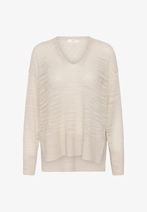 Svetlobéžový pletený sveter s výstrihom do V, dlhými rukávmi, jemným horizontálnym textúrovaným vzorom a bočnými rozparkami na leme.