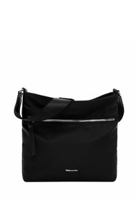 Black nylon shoulder bag with a zipper pocket, adjustable strap, and a textured finish. Features a logo on the lower front.