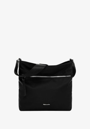 Bolso de hombro negro de nailon con un bolsillo con cremallera, correa ajustable y un acabado texturizado. Presenta un logo en la parte inferior del frente.