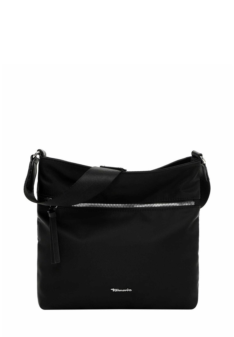 Black nylon shoulder bag with a zipper pocket, adjustable strap, and a textured finish. Features a logo on the lower front.