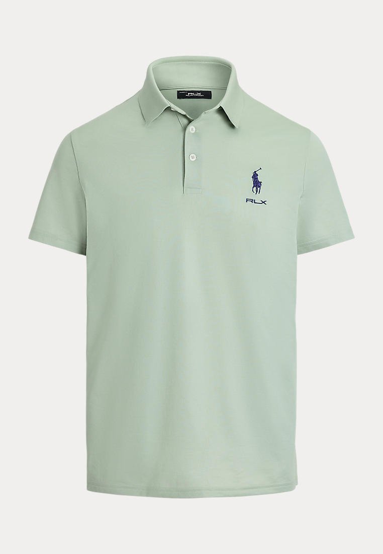 Polo vert clair à manches courtes avec deux boutons et un petit logo brodé bleu foncé d'un joueur de polo et "RLX" sur la poitrine.