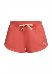 Koraalkleurige shorts gemaakt van zachte stof, voorzien van een beige drawstring taille, zijzakken en een klein reliëflogo in de onderste hoek.
