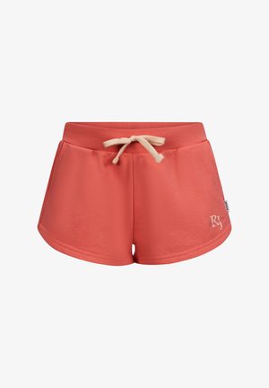 Korallenfarbene Shorts aus weichem Stoff, mit einem beigen Kordelzugbund, seitlichen Taschen und einem kleinen geprägten Logo in der unteren Ecke.