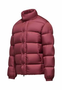 Giacca a vento bordeaux con colletto alto, design trapuntato, polsini elasticizzati e orlo con cordino. Tessuto liscio e lucido.