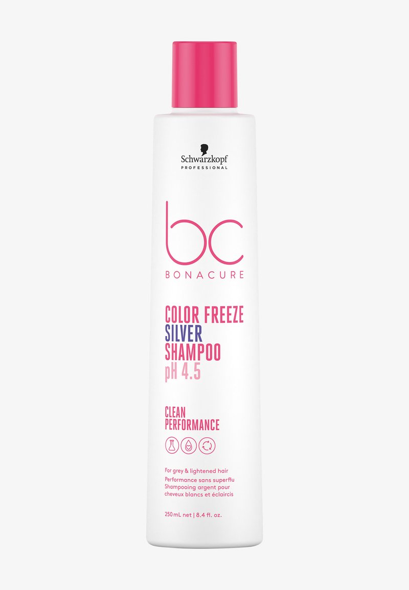 Flasche Schwarzkopf BC Bonacure Color Freeze Silver Shampoo mit rosa Deckel, für graues und aufgehelltes Haar, pH 4,5, 250 ml, saubere Wirkung.