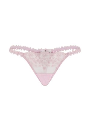 Hellrosa Spitzen-String-Tangas mit Blumeneinstickungen und zartem, gewelltem elastischem Bund auf weißem Hintergrund.