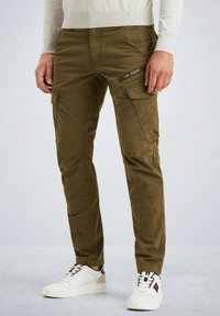 Pantalons cargo vert olive avec plusieurs poches latérales et un design ajusté. Fabriqués en tissu durable, avec des détails de couture et une accentuation de logo.