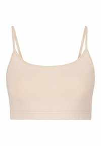 Beige cropped bralette met dunne verstelbare bandjes, gemaakt van zachte, rekbare stof. Gladde textuur met een eenvoudig, naadloos ontwerp.