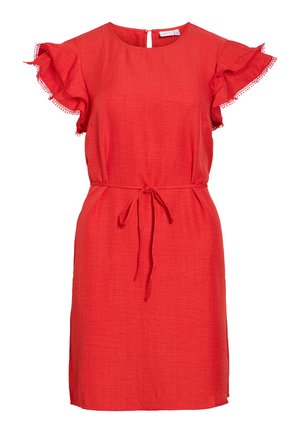 Rode jurk tot op de knie met ronde hals, korte geplooide mouwen met een kanten bies en een geknoopt taillelint.