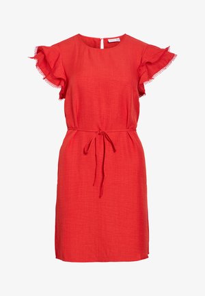 Rode jurk tot op de knie met ronde hals, korte geplooide mouwen met een kanten bies en een geknoopt taillelint.