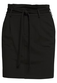 Zwarte knie-lange rok met een paperbag taille en een stoffen riem die aan de voorkant is vastgebonden, voorzien van zijzakken en een rechte zoom.