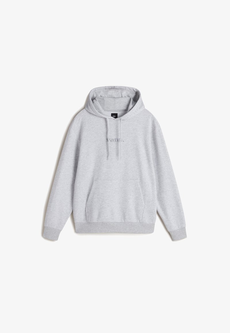 Sudadera gris hecha de una tela suave, con un bolsillo frontal, capucha con cordón y sutil bordado del logo en el pecho. Corte regular.