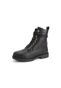 Black leather ankle boots with metal eyelets, front lacing, and a rugged sole. Features a loop at the heel for easy wearing.