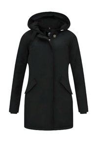 Zwarte capuchonjas met een sluiting aan de voorkant met knopen, twee zijzakken en een gladde stoftextuur. Eenvoudig ontwerp met een rechte snit.