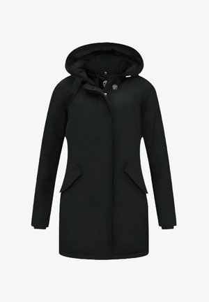 Zwarte capuchonjas met een sluiting aan de voorkant met knopen, twee zijzakken en een gladde stoftextuur. Eenvoudig ontwerp met een rechte snit.