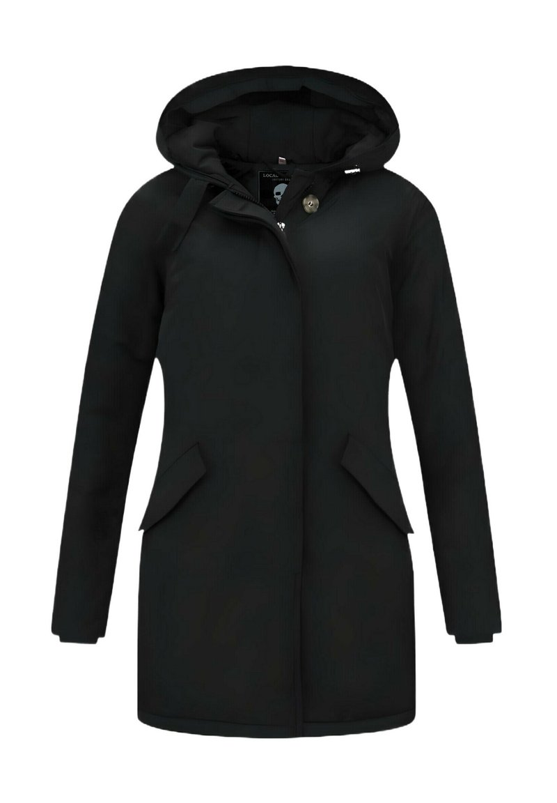 Zwarte capuchonjas met een sluiting aan de voorkant met knopen, twee zijzakken en een gladde stoftextuur. Eenvoudig ontwerp met een rechte snit.