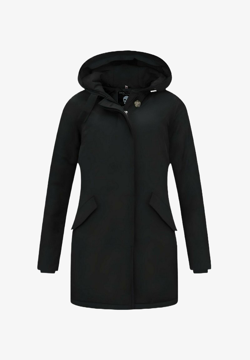 Zwarte capuchonjas met een sluiting aan de voorkant met knopen, twee zijzakken en een gladde stoftextuur. Eenvoudig ontwerp met een rechte snit.