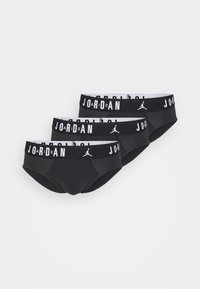 Schwarzes Unterwäsche-Set mit drei Paaren, die einen breiten elastischen Bund mit der Aufschrift "JORDAN" in Weiß, glattem Stoff und einem taillierten Brief-Design zeigen.