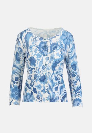 Cardigan met lange mouwen, knopen en een blauw-wit bloemenpatroon, voorzien van een ronde halslijn.