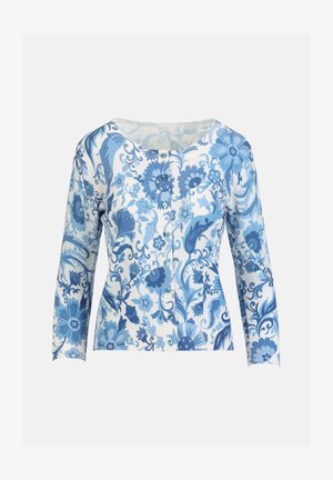 Cardigan met lange mouwen, knopen en een blauw-wit bloemenpatroon, voorzien van een ronde halslijn.