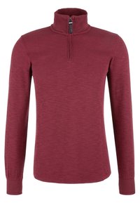 Burgunderfarbener Pullover mit langen Ärmeln, hohem Kragen und Viertelreißverschluss. Weicher, strukturierten Stoff mit eng anliegenden Bündchen und geradem Saum.