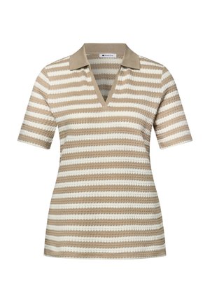 Polo en maille à manches courtes avec rayures horizontales beige et blanches, col en V ouvert.