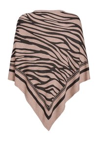 Poncho beige avec des rayures noires de zèbre et une bordure. Il présente une texture douce, une forme triangulaire et un motif bien marqué sur l'ensemble.