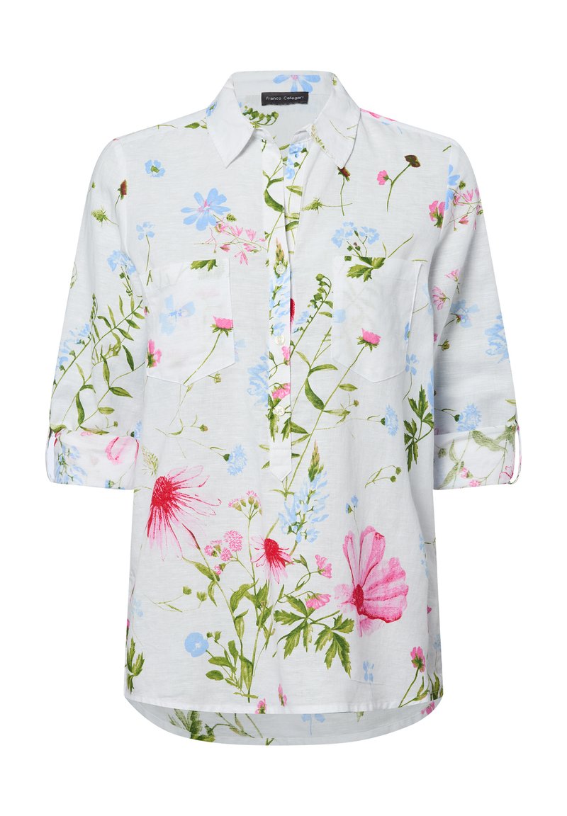 Bloemige overhemd met knopen in lichtgewicht stof, met roze en blauwe bloemen op een witte achtergrond, lange mouwen en een voorzak.