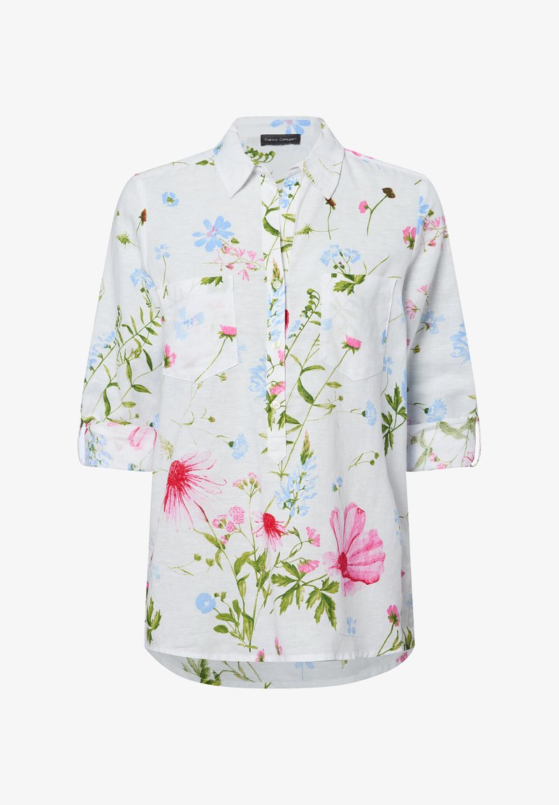 Bloemige overhemd met knopen in lichtgewicht stof, met roze en blauwe bloemen op een witte achtergrond, lange mouwen en een voorzak.