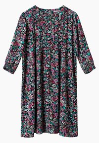 Blommönstrad klänning med en mörk bakgrund och livliga rosa, teal och vita blommor, långa ärmar med elastiska manschetter och en lös passform.