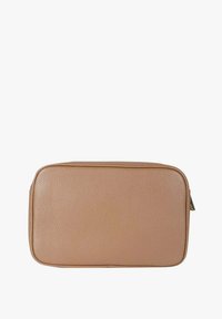 Astuccio cosmetico marrone in pelle con forma rettangolare, superficie testurizzata e dettaglio di cerniera dorata. Design semplice senza accenti aggiuntivi.