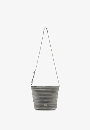 Gray leather shoulder bag with horizontal stitched layers, adjustable strap, and top zipper closure.
