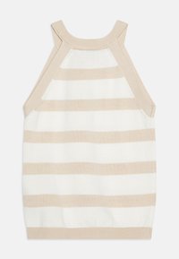 Top senza maniche a righe in crema e beige, con un colletto e aperture per le braccia a costine, caratterizzato da una superficie a maglia liscia.