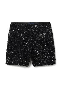 Black shorts covered in overlapping sequins, creating a textured, shimmering surface. Features a soft waistband for comfort.