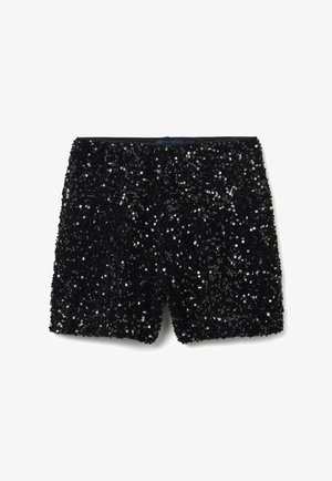 Schwarze Shorts, die mit sich überlappenden Pailletten bedeckt sind und eine strukturierte, schimmernde Oberfläche schaffen. Sie verfügen über einen weichen Bund für zusätzlichen Komfort.