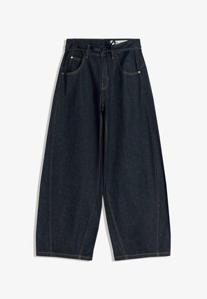 Dunkelblaue weit geschnittene Jeans mit verstellbarem Bund, fünf Taschen und kontrastierenden Nähten. Glatte Textur und lässiger Schnitt.