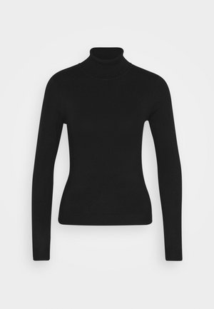 Črn pulover s turtleneck ovratnikom in dolgimi rokavi, izdelan iz gladkega pletenega materiala. Ima prilegan kroj in rebrast ovratnik.