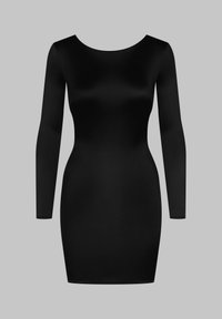 Robe longue noire à manches longues en tissu lisse, avec une silhouette ajustée et un décolleté arrondi, ne présentant aucun motif ni accent visible.