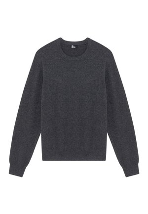 Maglione grigio scuro realizzato in materiale morbido, con scollo rotondo, maniche lunghe e polsini e orlo a costine. Senza motivi o decorazioni.