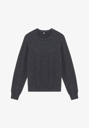 Dunkelgrauer Pullover aus weichem Material, mit Rundhalsausschnitt, langen Ärmeln und gerippten Bündchen und Saum. Keine Muster oder Akzente vorhanden.