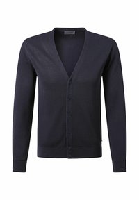 Marineblauer Cardigan aus strukturiertem Stoff, mit V-Ausschnitt, langen Ärmeln und Knöpfen vorne. Schlichte gerippte Bündchen und Saum.
