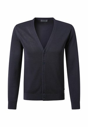 Marineblauer Cardigan aus strukturiertem Stoff, mit V-Ausschnitt, langen Ärmeln und Knöpfen vorne. Schlichte gerippte Bündchen und Saum.