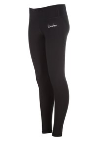 Musta legginsit, jotka on valmistettu joustavasta materiaalista, leveällä vyötäröpaikalla ja pienellä valkoisella logolla vasemmalla ylhäällä. Sileä rakenne.