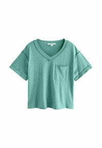Tričko s krátkym rukávom a výstrihom do V v svetlo zelenej farbe, vyrobené z mäkkého materiálu, s náprsným vreckom a detailom srolovaných rukávov.