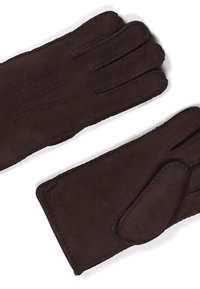 Brune suede-hansker med en glatt tekstur, med stikkede detaljer og et håndflatepatch for bedre grep. Klassisk fem-finger design.