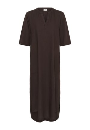 Tamno smeđa haljina do koljena s kratkim rukavima, V-izrezom, bočnim prorezima i prednjim džepovima prikazana na bijeloj pozadini.