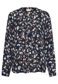Camicia a manica lunga con bottoni, caratterizzata da uno sfondo blu navy e un motivo astratto marrone e azzurro chiaro. Il tessuto ha un aspetto strutturato.